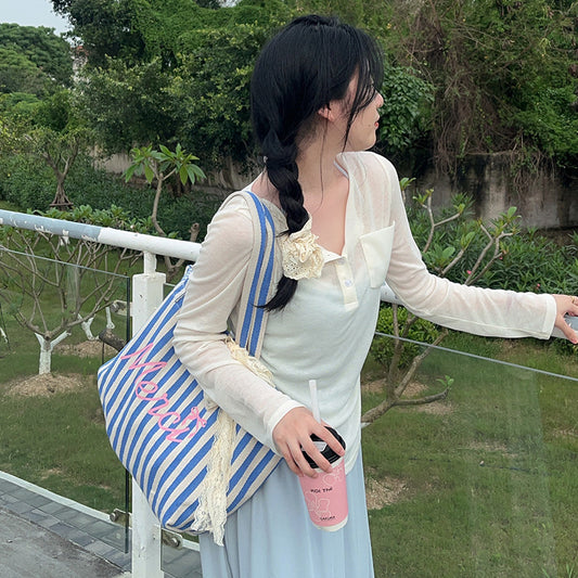 Sac en toile assorti imprimé lettres rayées bleues